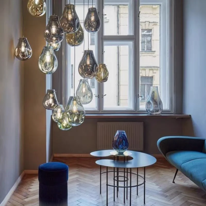 

Nordic Light Luxury Glass Dining Room Chandeliers, Irregular Colorful Minimalist Art Design, Bedside Cafe Bar LED Decor Lighting
