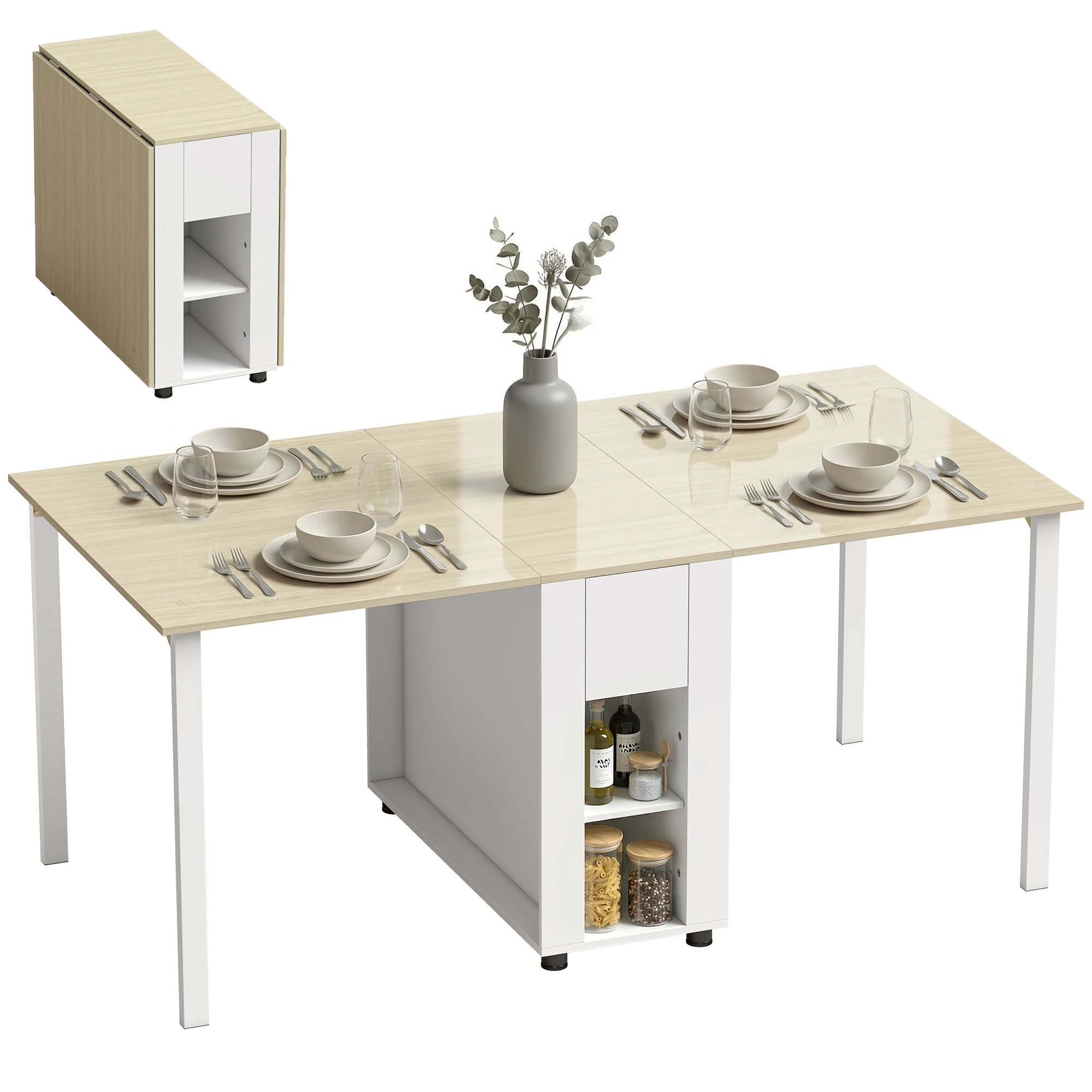 HOMCOM Mesa Plegable de Comedor con Alas Abatibles Cajón 168,2x85x73 cm Blanco