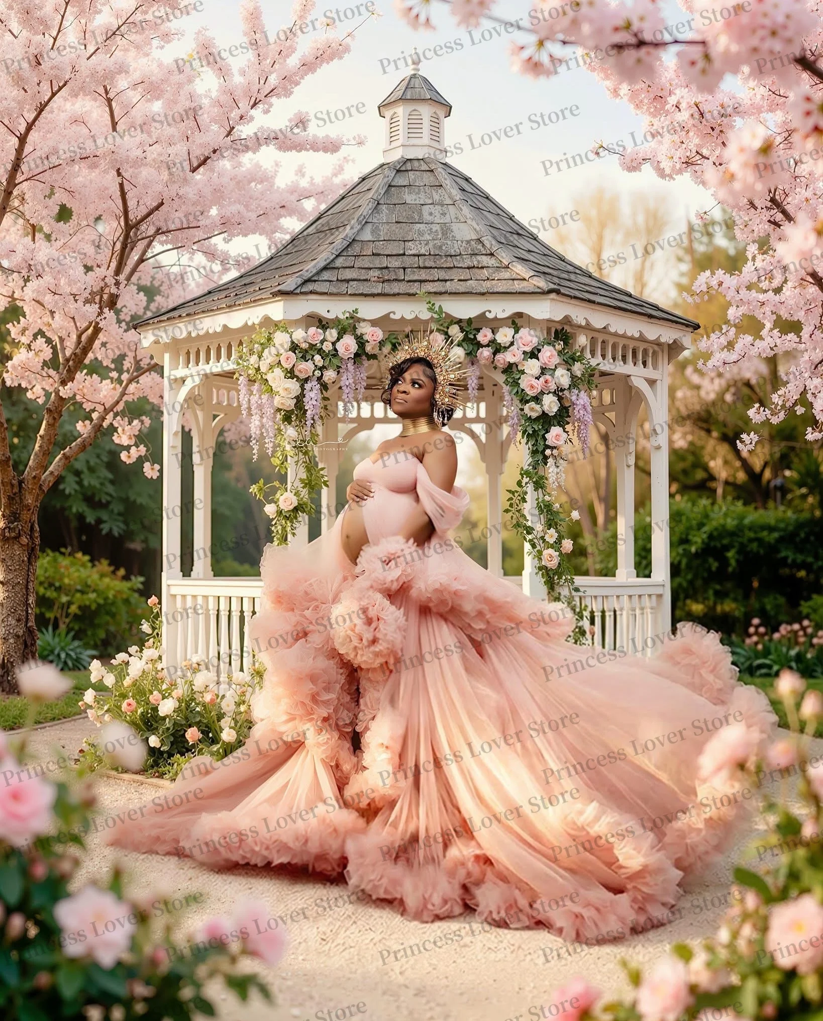 Pink Layered Prom Dresses Off the Shoulder Maternity Photoshoot Dress Plus Size Tiered Baby Shower Gown with Ruffles Customized