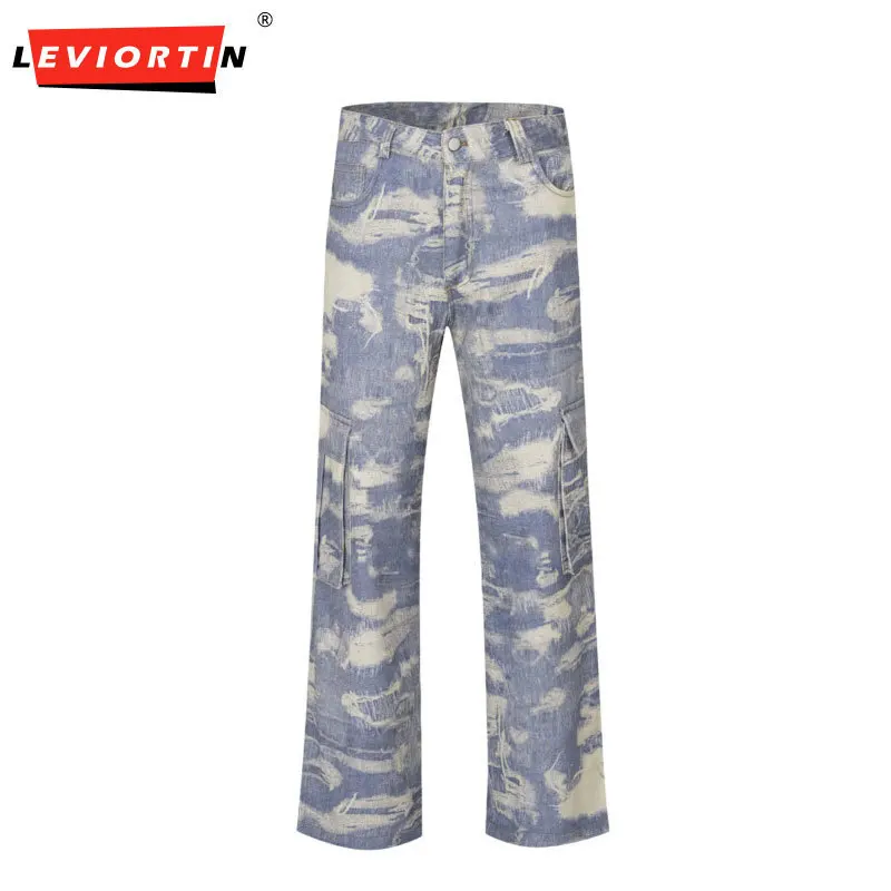 Tie Dye Patchwork Multi-pockets Jeans Cargos for Men Streetwear Baggy Casual Vintage Denim Pants Y2K Oversize Loose Trousers