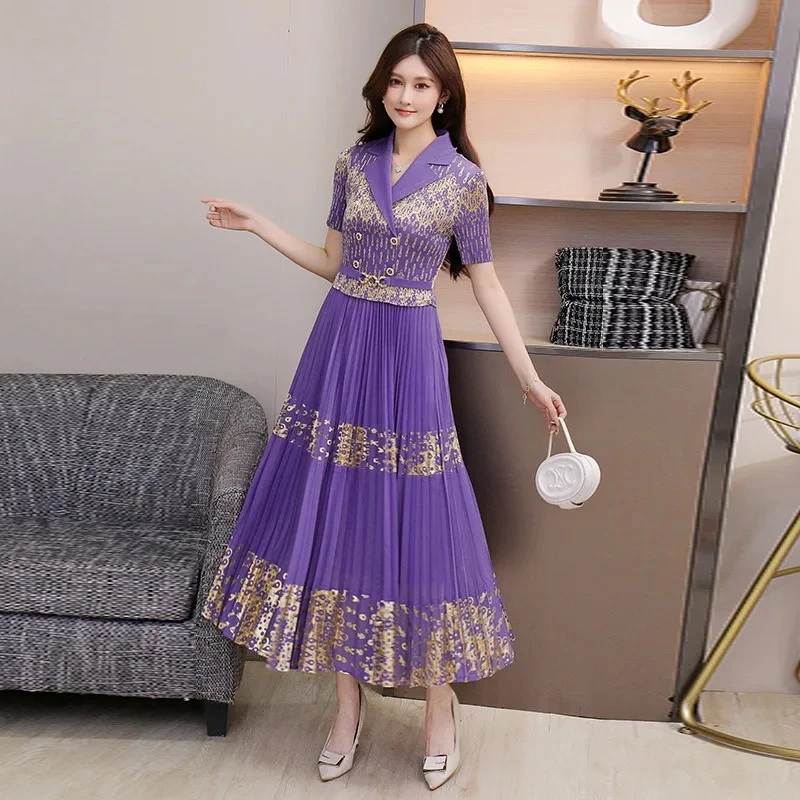 

Miyake плиссированное женское платье с лацканами и золотой фольгой, новинка лета 202, элитный модный новый дизайн, одежда с короткими рукавами