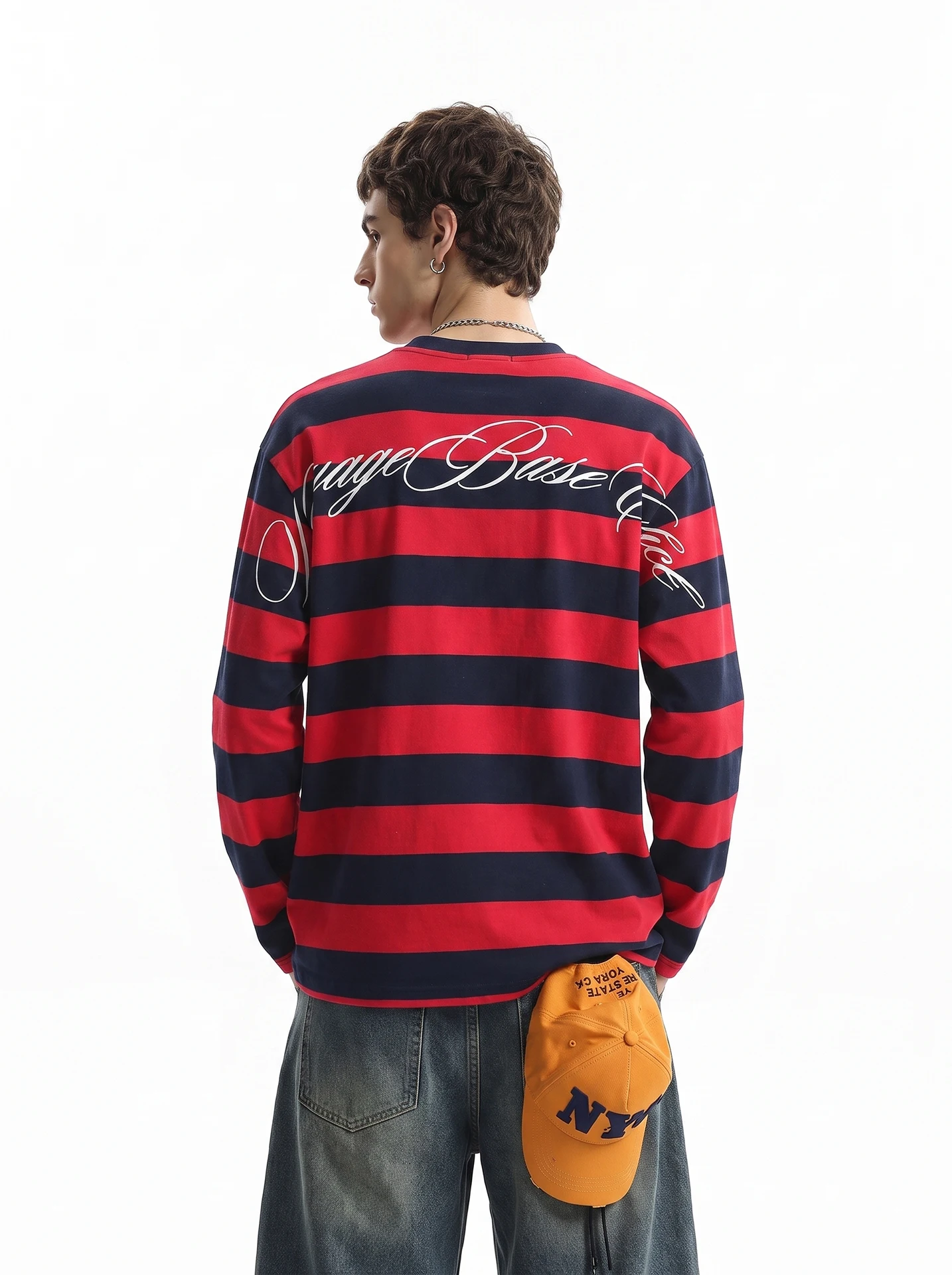 BETEBULE American High Street Long Sleeve T-Shirt Men's Trendy Short Wide Upper Body Embroidered Stripes Letter Style