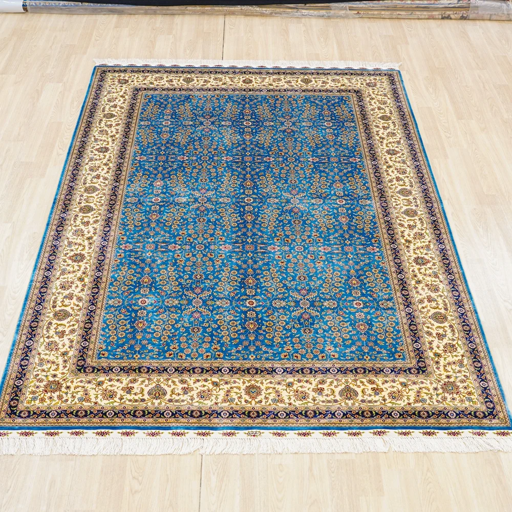183x274cm Handknotted Silk Area Rug Living Room Blue Persian Silk Carpet