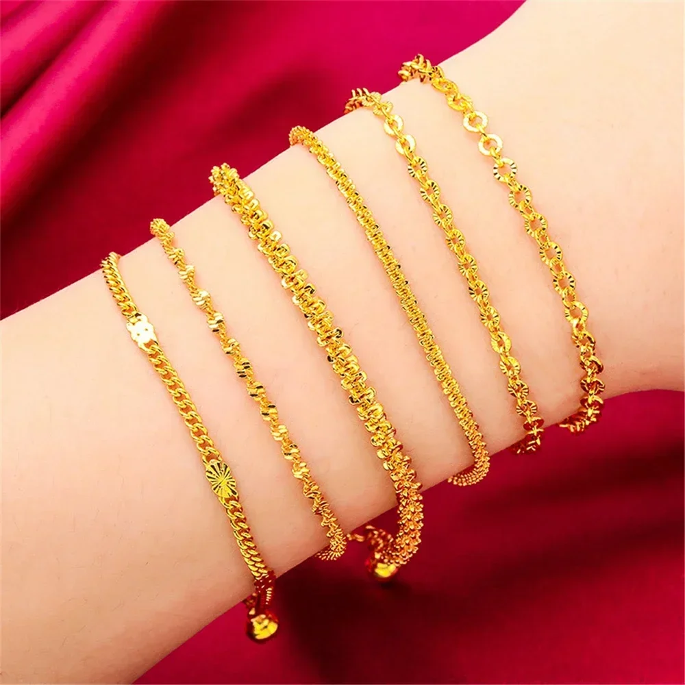 Gold Bracelets For Women 24k Real Gold Plated Link Chain Bracelet Girls Wristband Pulsera Mujer Dubai Jewelry Accessories Gifts