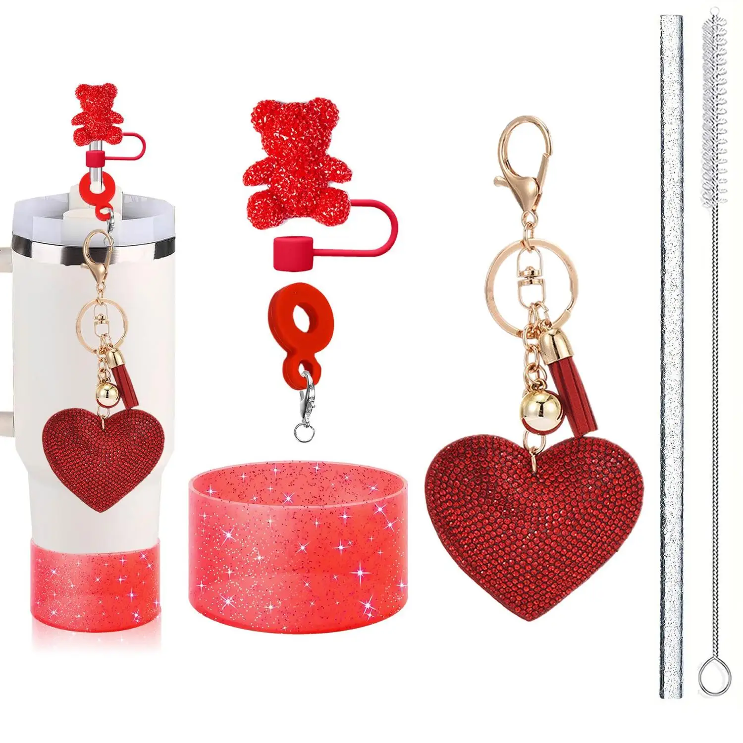Rhinestone Heart Pendant Cup Chain Shiny Straw Topper Dust Plug Cross-Border Fashion Accessory for Beverages
