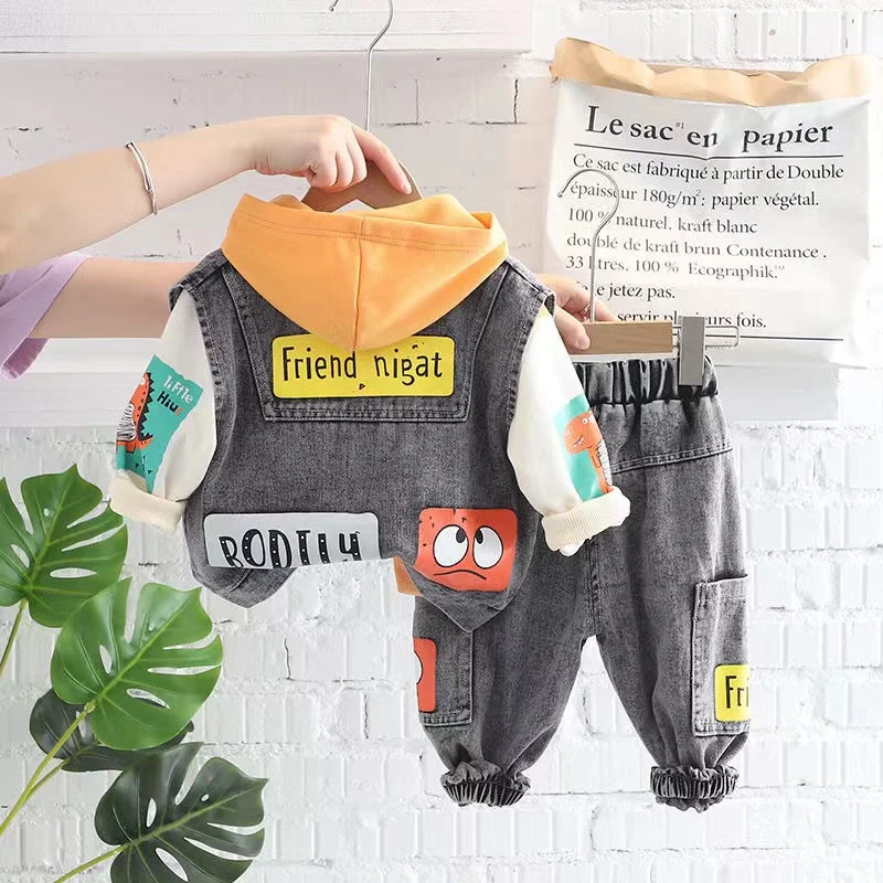 Children Boys Solid Denim Pants Suit Autumn Elastic Waist Boys Jeans hoodies vest Sets Young Kids Boys Casual 3pcs