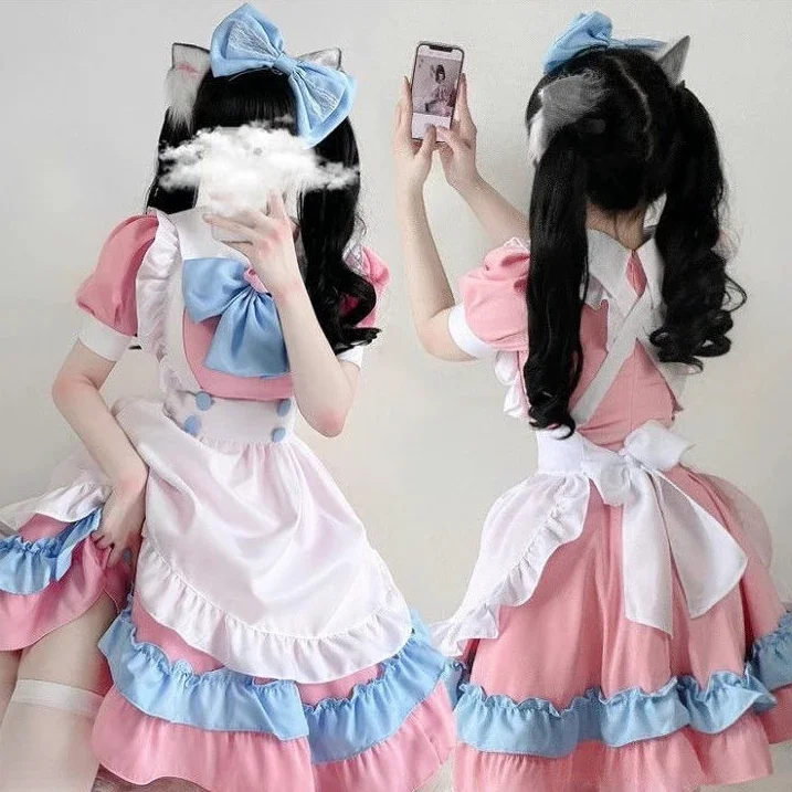 Lolita Dress Cute Pink Ruffle Maid Outfit Kawaii Bow Knot Cat Paw Japanese Girl JK Cosplay Costumes S-4XL Daily Uniform Party