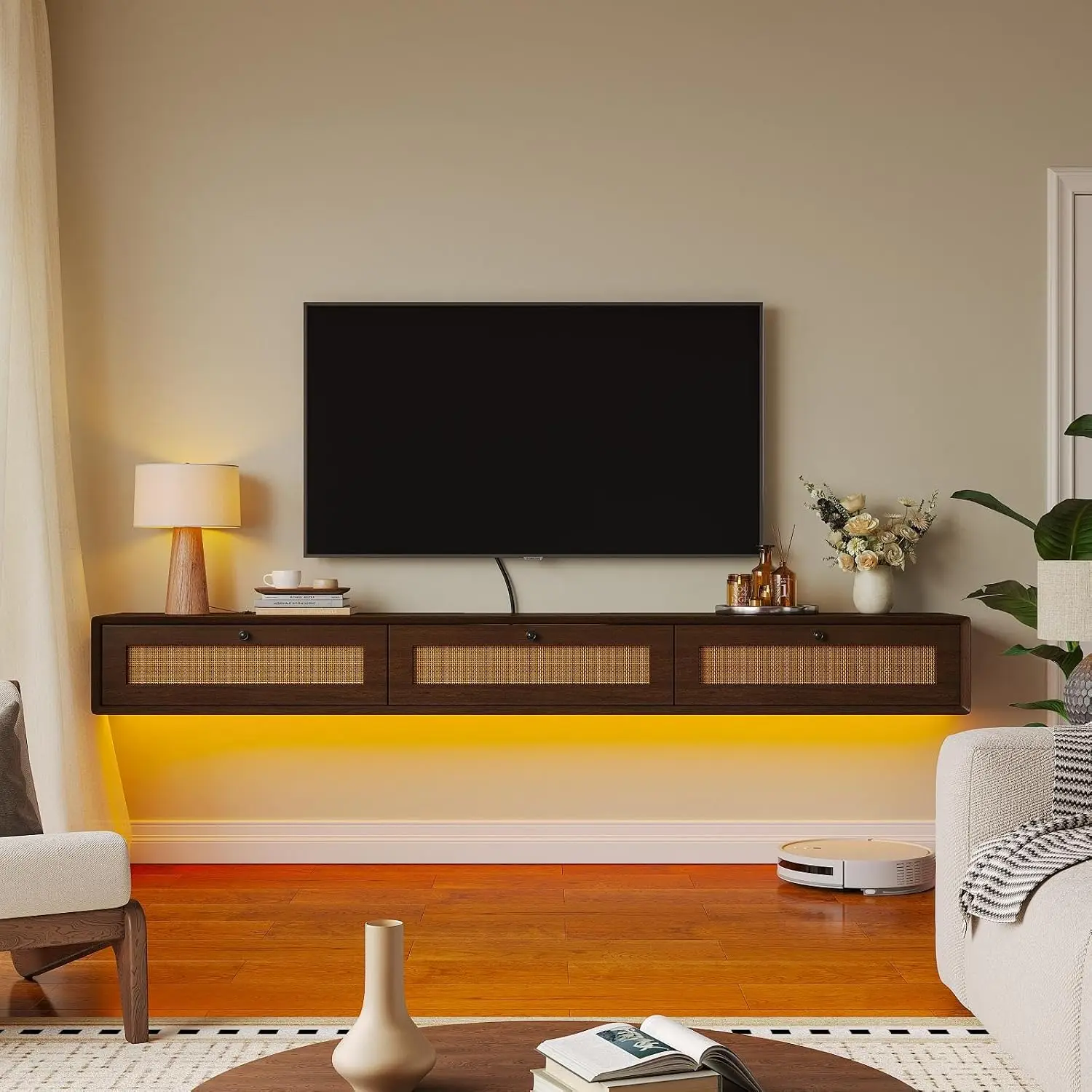 Fully-Assembled Floating TV Stand with 3 Rattan Doors, Rustic Floating Entertainment Center Under TV Shelf, Modern, Customized
