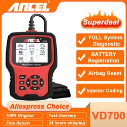 ANCEL VD700 Professional OBD2 Scanner for VW for Audi for Seat for Skoda Oil EPB SAS TPMS Reset Full System Code Reader