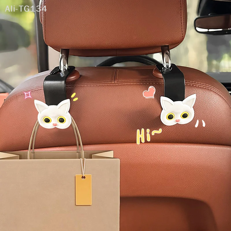 

2pcs Adorable 3D Cartoon Cat Car Seat Headrest Hooks - Universal Vehicle Storage Organizer For Handbags,Purses Coats Cute