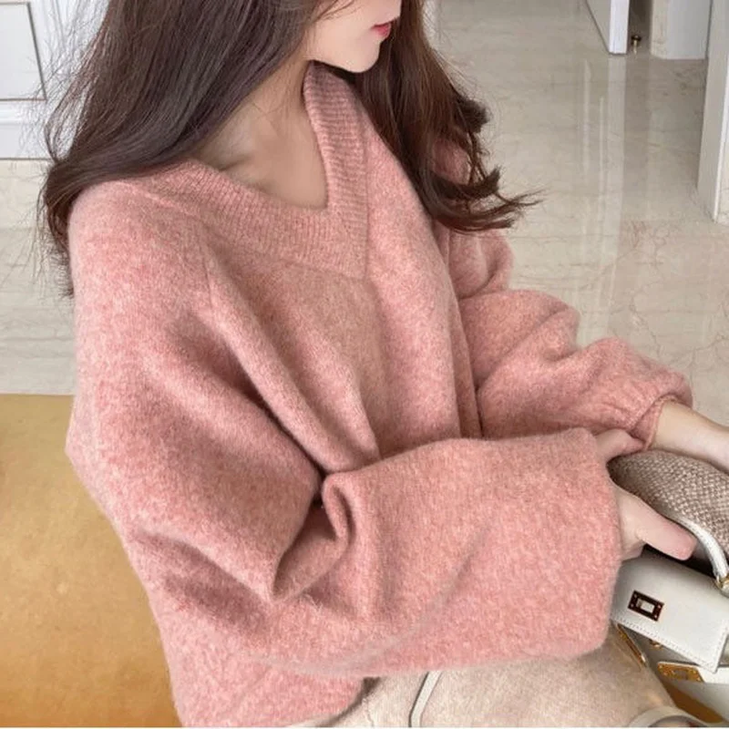 V-neck Pullovers Women Sweet Spring Newest Chic Harajuku Gentle Females Ulzzang Puff Sleeve Candy Solid Casual Long  Tops