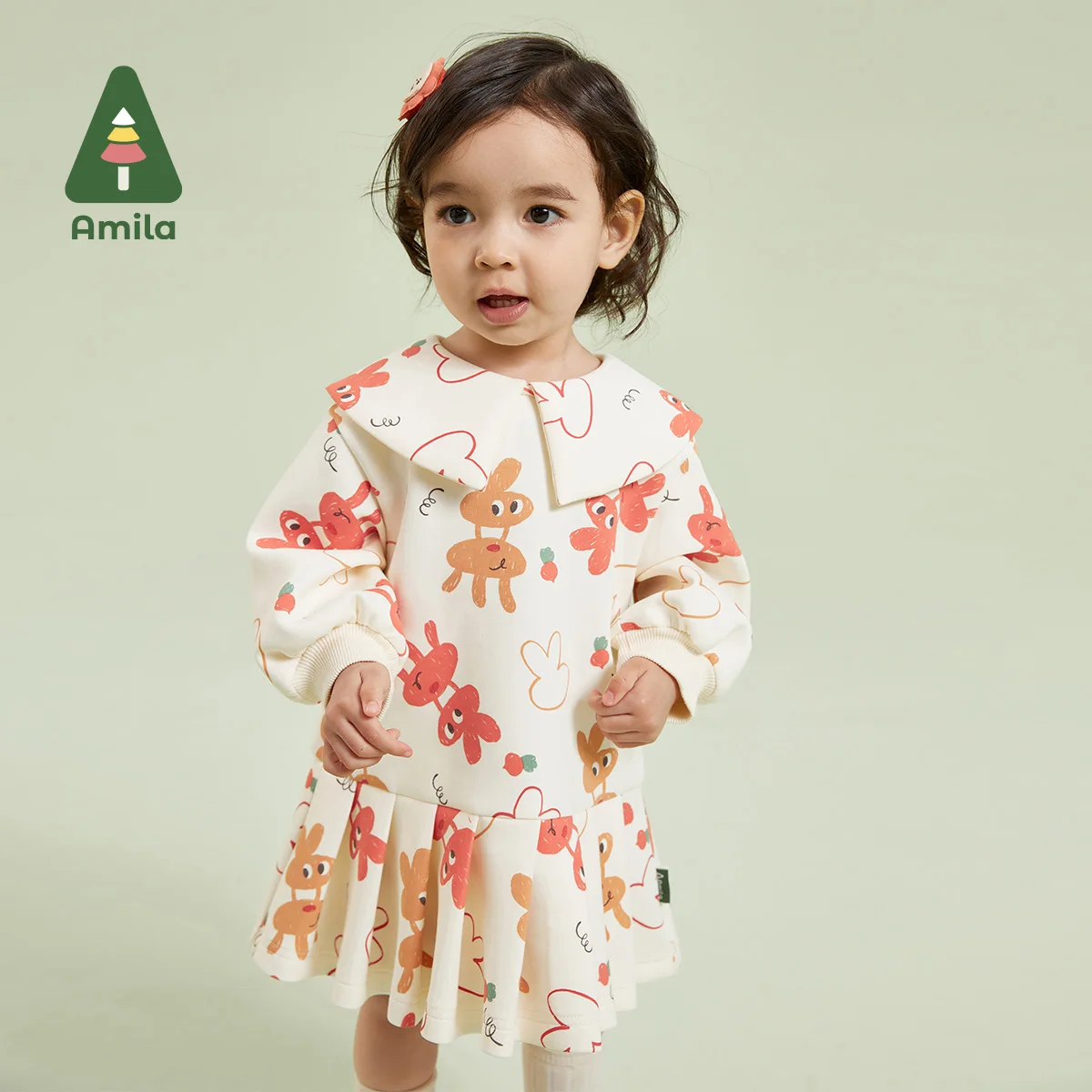 Amila Children\'s Clothing 2023 New Autumn  Cute Cotton Fun Printing Soft  Loose Fit Fashion Warm Insulation Dress Girls Baby