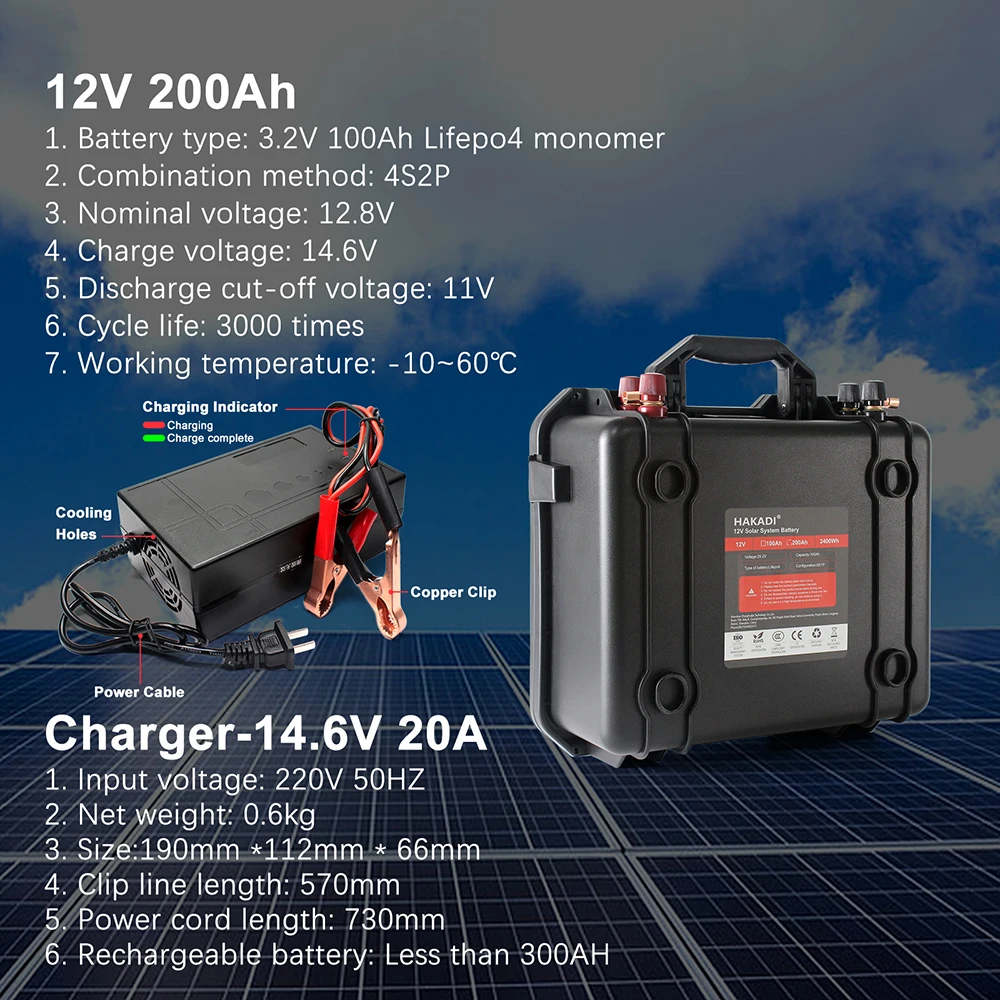 HAKADI 12V 200Ah LiFePO4 Deep Cycle Battery 200Ah Lithium Battery Built-in BMS Rechargeable 12V LiFePO4 Battery for Solar Home R