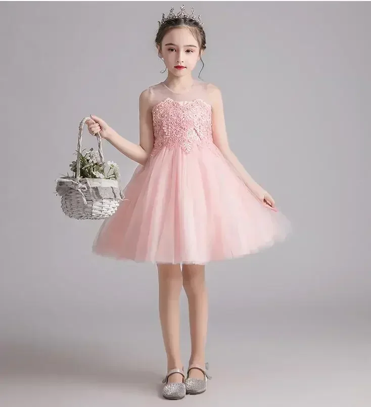 Girls' Dress 2024 Summer New Flower Girl Princess Dress Mesh Fluffy Children's Festival Performance Dress