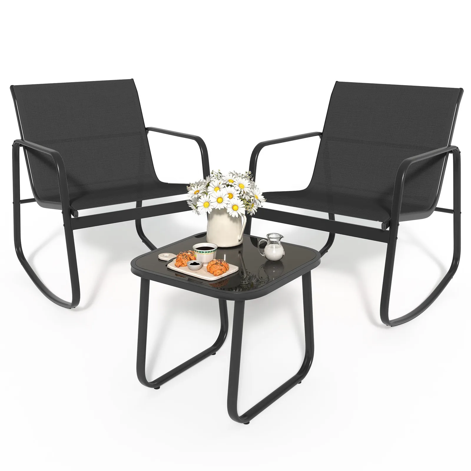 

3 Pieces Patio Furniture Set 2 Rocking Chairs Coffee Table for Backyard Poolside