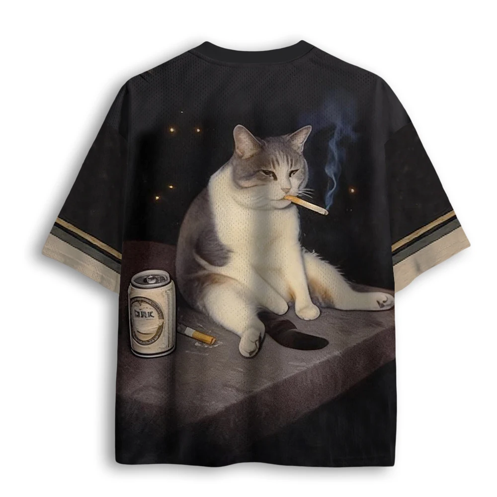 Fun Smoking Social Cat 3D Print Moisture-Wicking Men Women's V-Neck Loose TShirt Fashionable Streetwear for Parents and Children