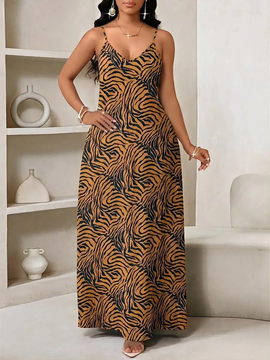 

Women Spaghetti Strap Animal Print Maxi Dress Summer Casual Beach Party Dress