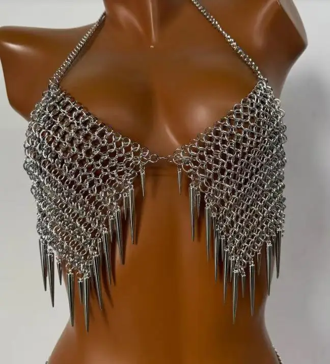 Damen-Top mit Neckholder, ärmellos, mit Metallringen, Party-Crop-Top, Einheitsgröße, Festival-Club-Damenmode-Outfit – Detail 1