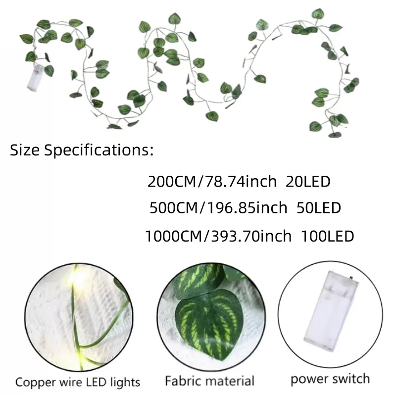2M/5M/10M LED Green Leaf Lamp String Yard Light Battery Operated Perfect for New Year Outdoor Party Wedding Bedroom Decorations
