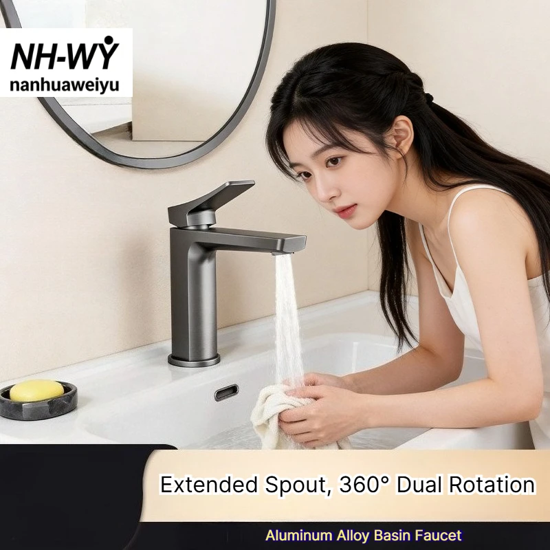 Aluminum Alloy Basin Faucet, Hot Cold Water Countertop Sink Tap, Extended Spout, 360° Dual Rotation