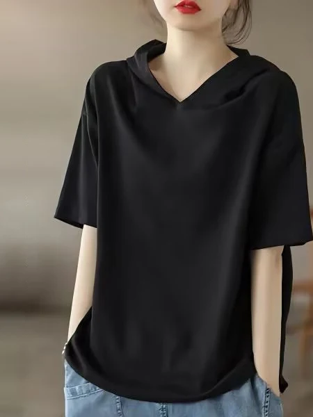 Ladies Cotton Hoodie T-Shirt Short Sleeve Fashionable Summer Loose Slimming Top Korean Style Commute Wind Universal Fit