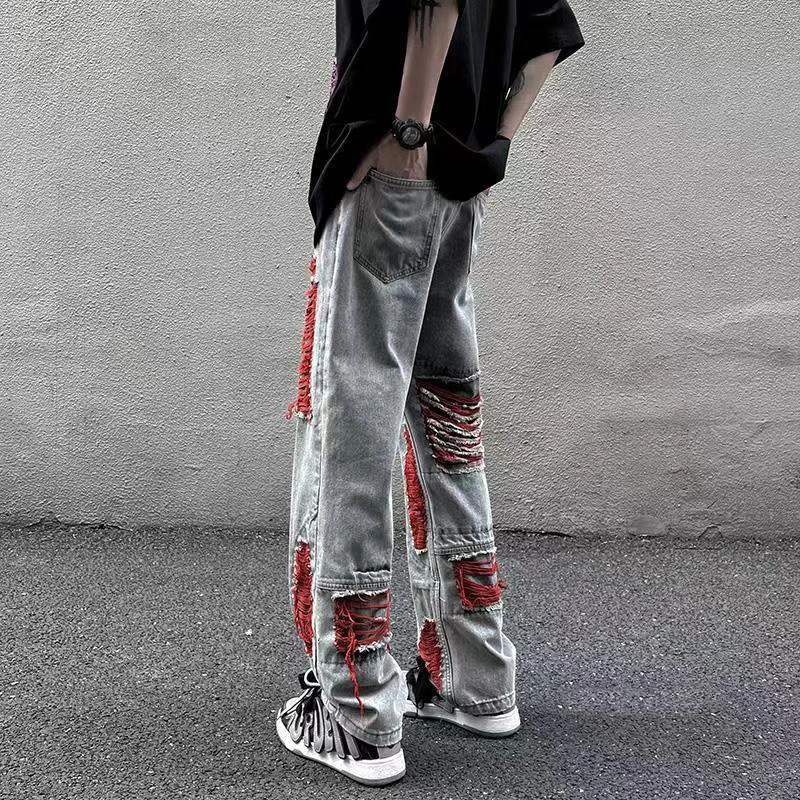 Grunge High Street Harajuku Baggy Jeans Emo Bottom Gothic Hollow Out Ripped Straight Leg Pants Dark Punk Oversize Denim Trousers