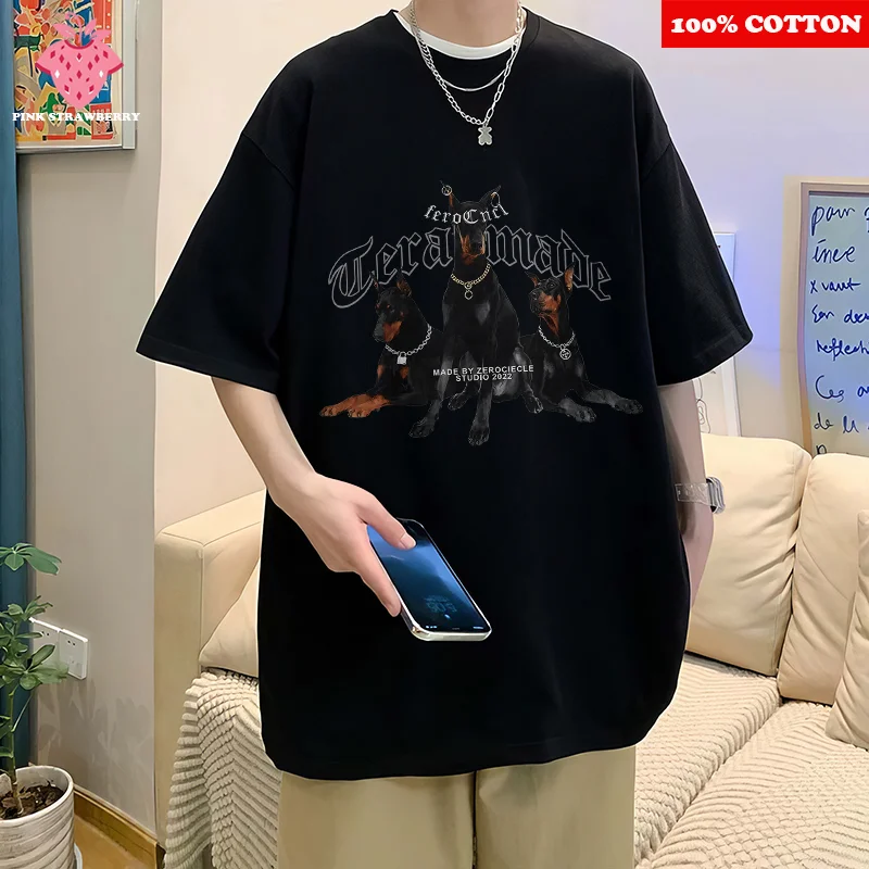 

100% Cotton Doberman Pattern Print T-shirt Men's Summer New Fashion Streetwear Black Short Sleeve T-shirt Y2k Tops men clothing