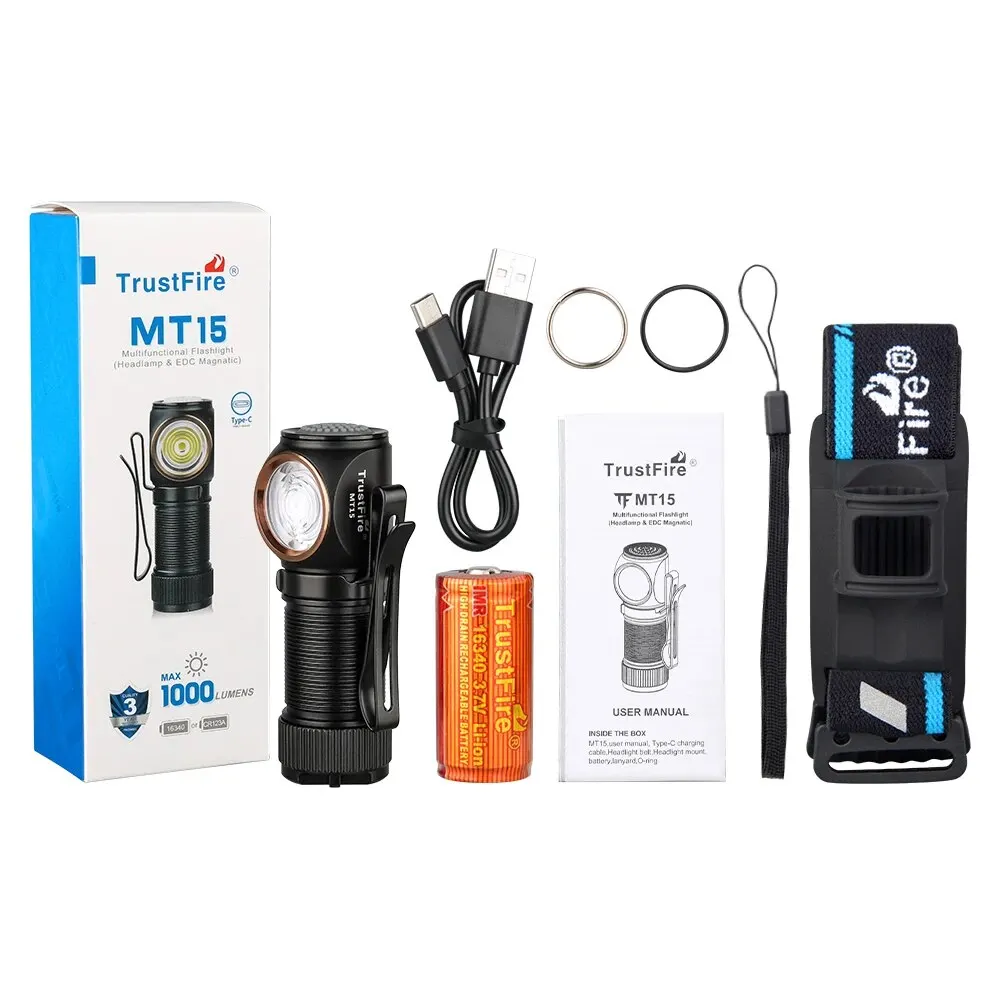 Trustfire MT15 Powerful LED Headlamp 1000LM USB C Rechargeable Mini 16340 EDC Angle Head Flashlight MVP Optics with Magnet Tail