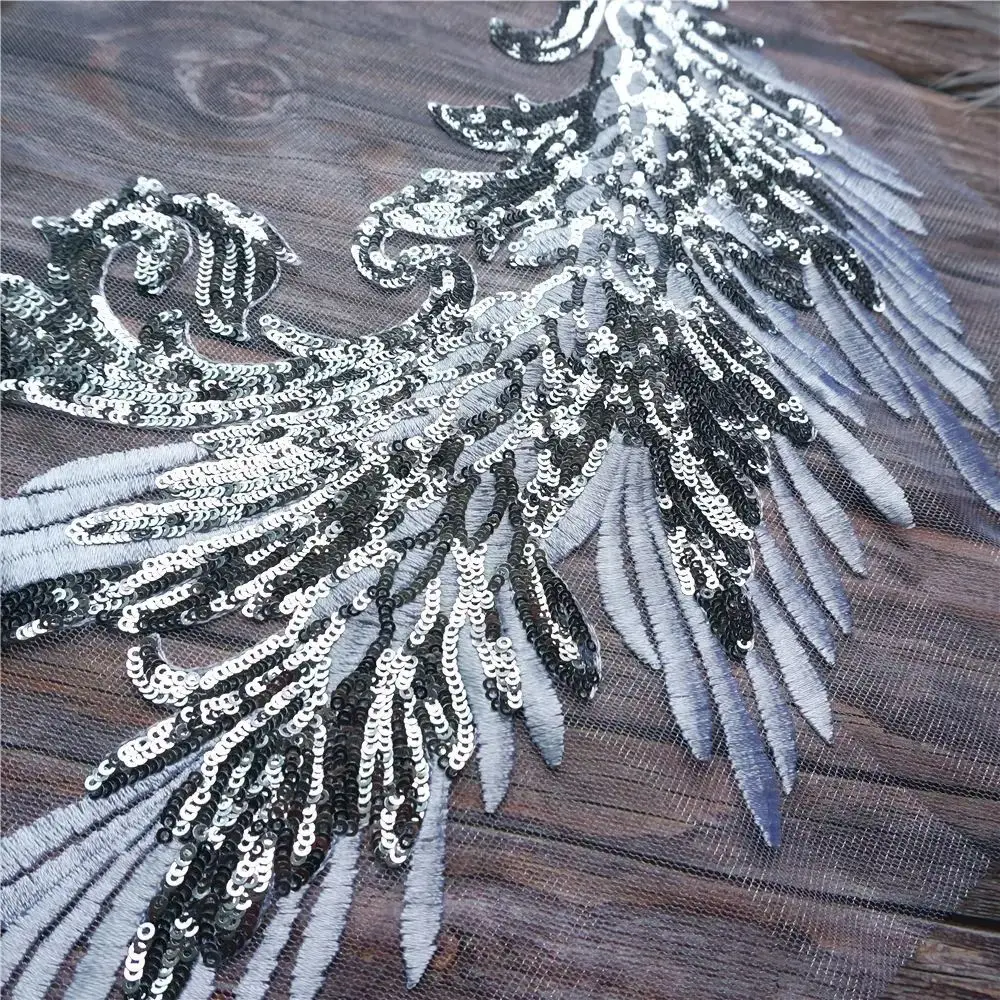 Patch Sequin Embroidery Sequin Appliques Phoenix Tail DIY Feather Appliques Sew On Patch Wedding Gown DIY Decoration
