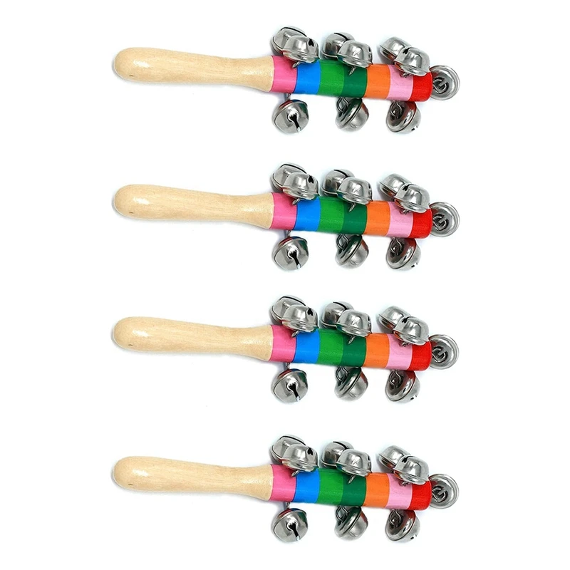 4 ชิ้นมือ Jingle Bells, Rainbow Handle ระฆังไม้ Jingle Stick Shaker Rattle เด็กทารกเด็กดนตรี