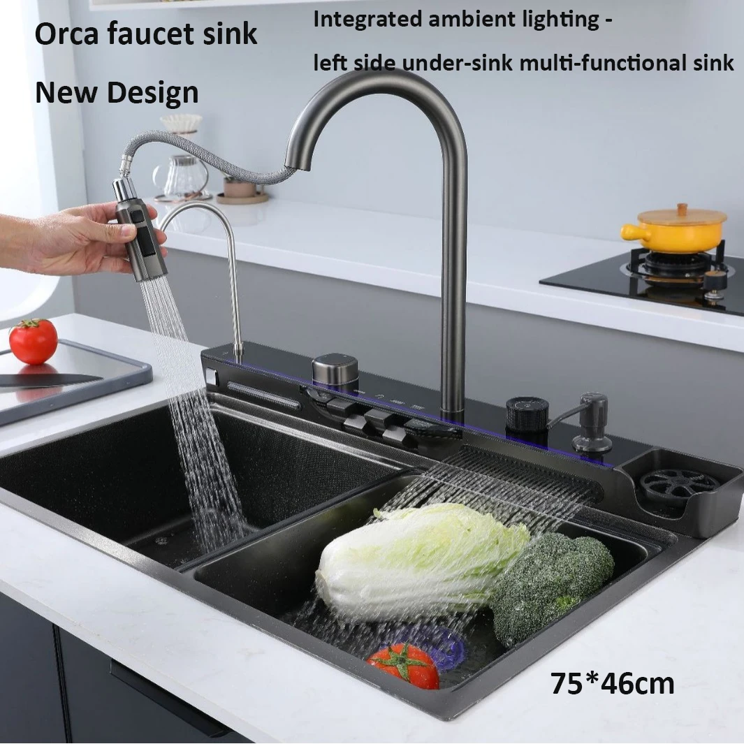 

Смеситель Orca для раковины, новый дизайн, встроенное окружающее освещение - левая сторона, многофункциональная технология нанометра раковины под раковину