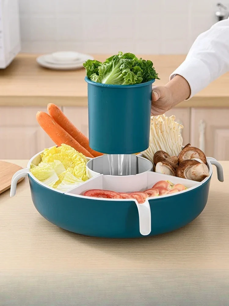 

Rotating Drain Basket Hot Pot Platter Double-Deck Home Kitchen Food Ingredients Vegetable Basket Plastic Fruit Plate