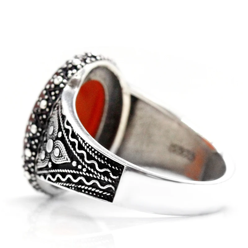 خاتم Türkiye مصنوع يدويًا للرجال S925 فضي كلاسيكي عتيق من العقيق الأحمر الطبيعي مجوهرات عطلة عطلة هدية حفلة