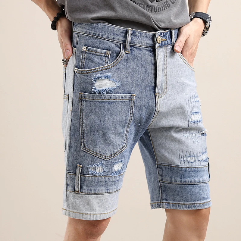 EH · MD® Perfurado multi bolso estéreo corte denim shorts verão ecg roteamento decoração de algodão puro buraco fino céu azul 2022 novo