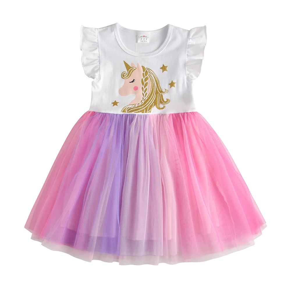 VIKITA Girls Flare Sleeve Summer Vestidos Girls Unicorn Print Cartoon Patchwork Dress Girl Party Princess Cute Mesh Tulle Dress