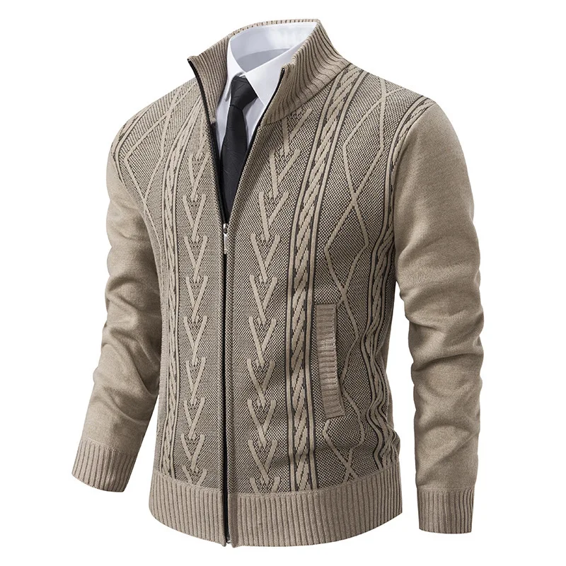 

2025 new men's autumn and winter cardigan stand-up neck sweater, jacquard, thick warm casual knitted sweater