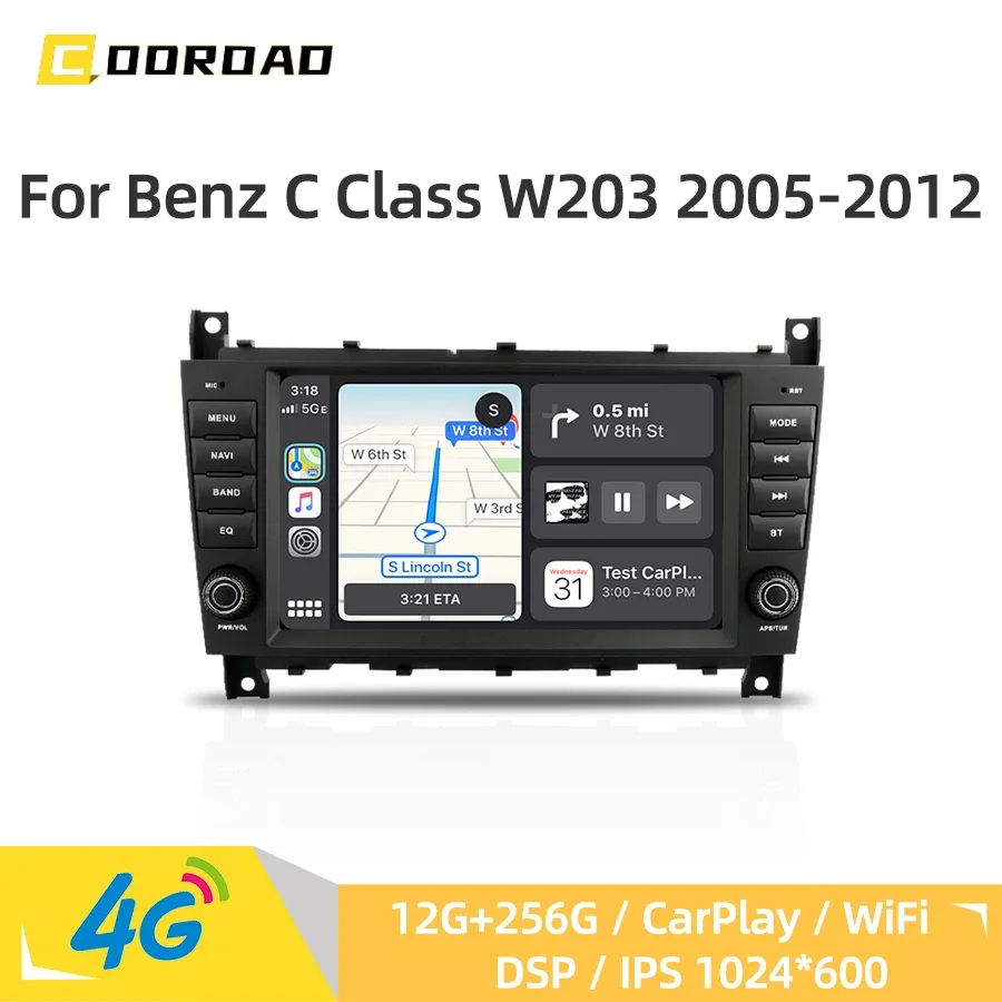 Android 14.0 For Benz C Class W203 W209 2005-2012 Multimedia Video Player 4G WiFi GPS Navigation Bluetooth CarPlay Car Radio