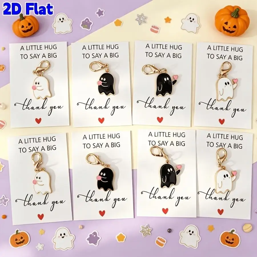 1/5/10/20/50/100pcs units/8 sets of cute heart- and ghost-shaped enamel charms, thank-you gift sets with greeting cards, small 