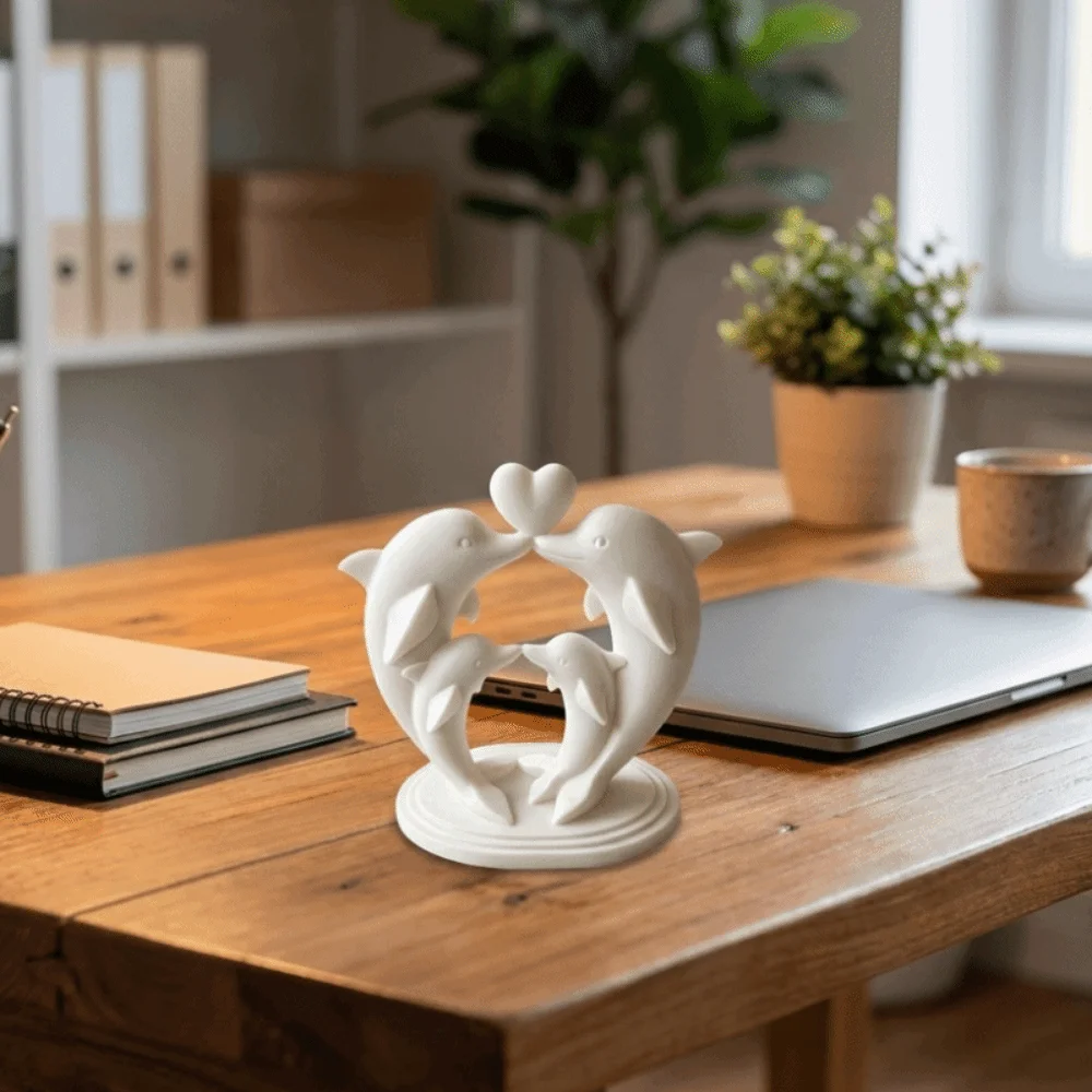 Heart-shape 3D Printed Dolphin Statue Smooth Curved Plastic Dolphin Family Sculpture Cartoon