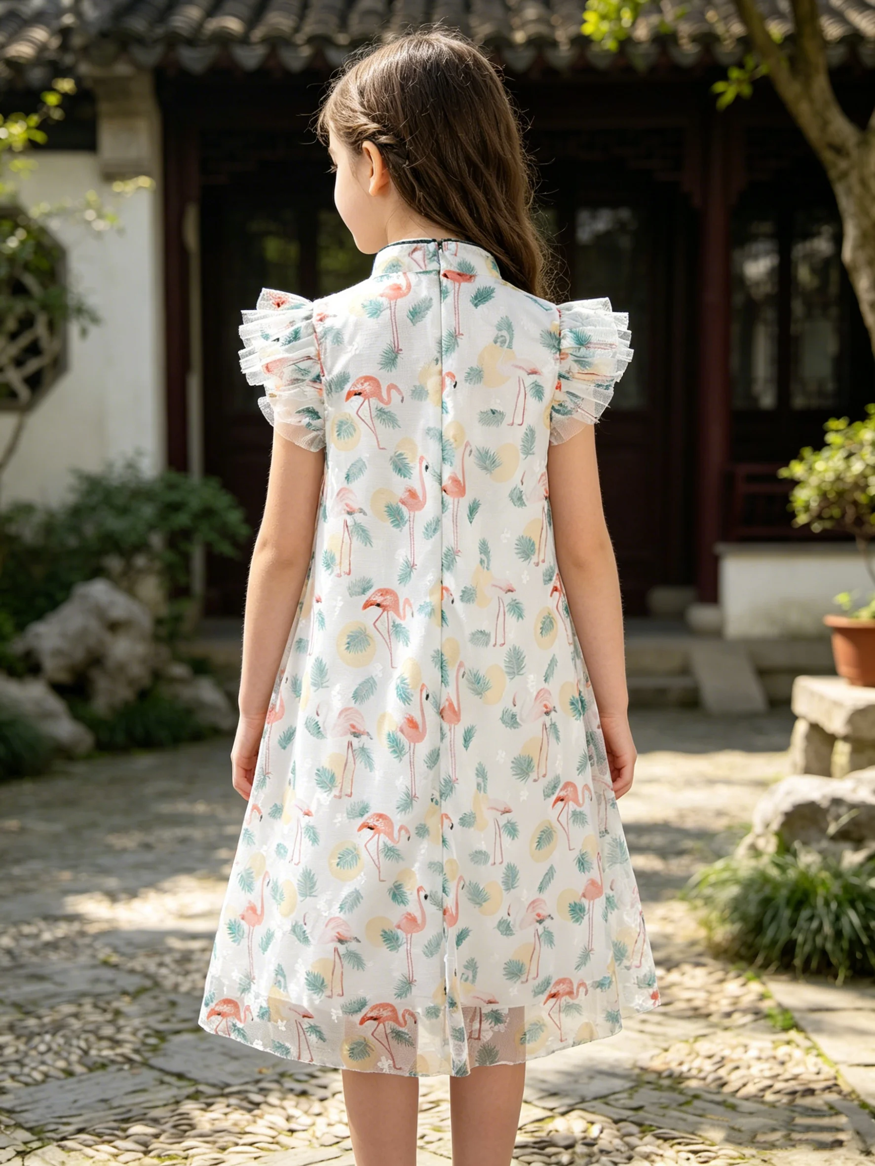 Summer Girls' New Chinese Style Loose Cheongsam Dress With Stand Up Collar And Flamingo Print Stylish Birthday Party Dress