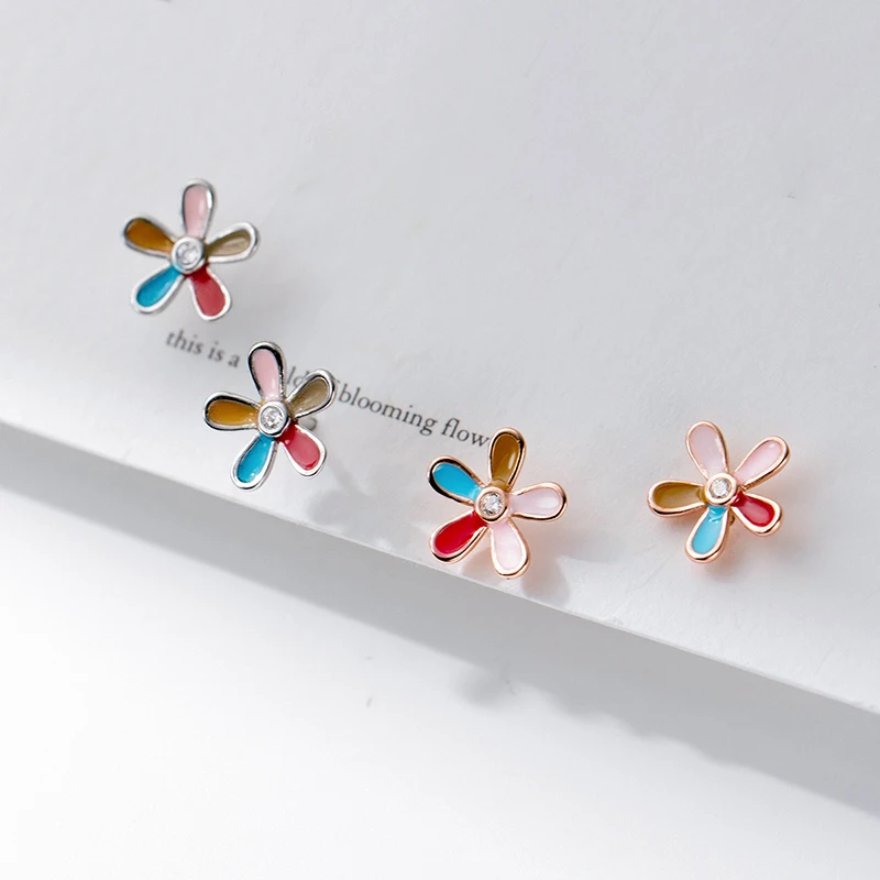 INZATT Real 925 Sterling Silver Zircon Colorful Flowers Stud Earrings for Women Cute Plant Fine Jewelry Minimalist Accessories