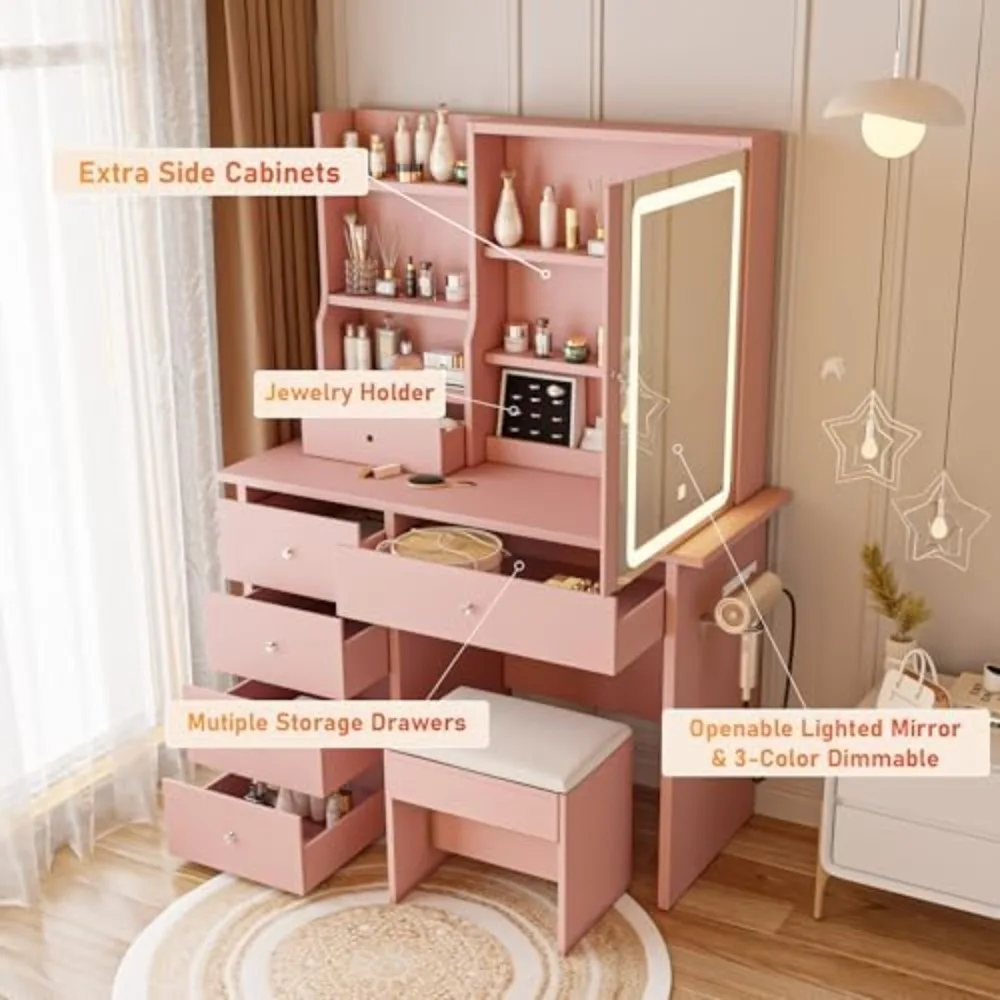 Vanity Desk with Mirror and LED Lights, Makeup Vanity Set with Power Outlet, and Stool,Jewelry Storage,Pink Vanity Desk