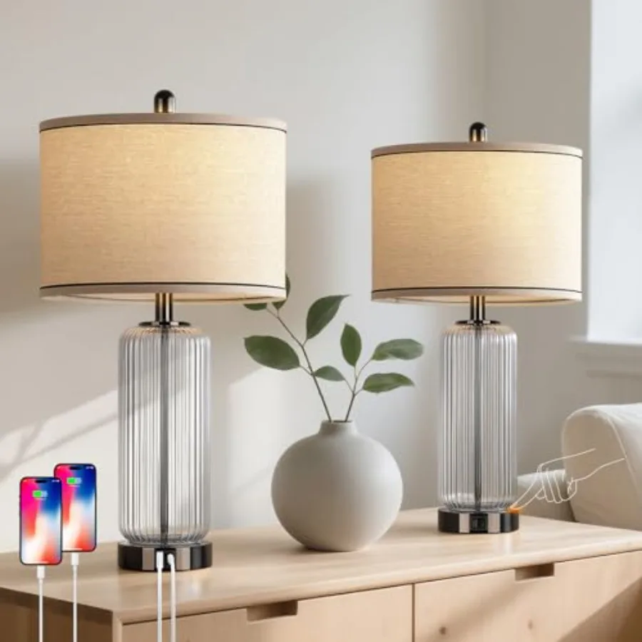 

Table Lamps Set of 2 with Vertical Grained Glass, 3-Way Dimmable Nightstand Lamp with Touch Control, 27" Modern Glass Bedside L