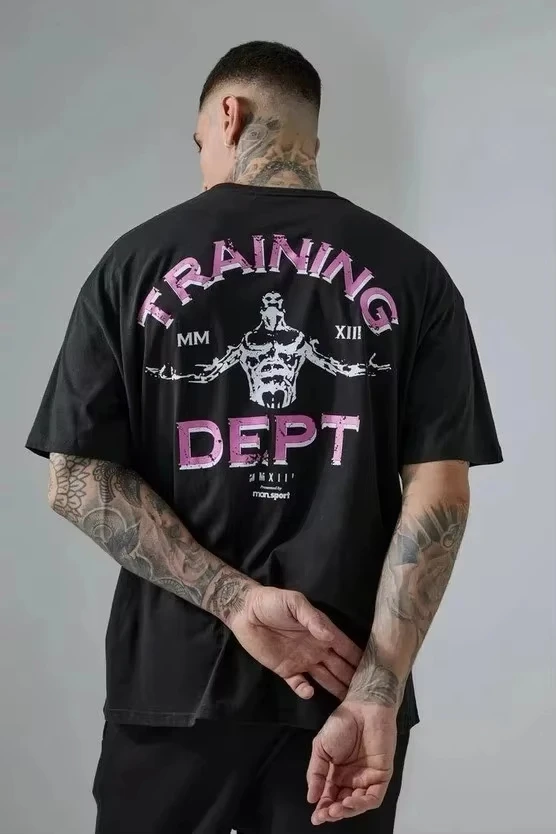 2026 Men Gym Workout T Shirt Barbell Graphic Short Sleeve Tee Strength Training Casual Fitness Cotton Tops