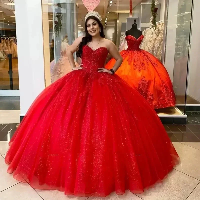 

Corset Back Floor Length Quinceanera Dresses Shiny Red Ball Gown Luxury Princess Birthday Party Vestidos De 15 Años
