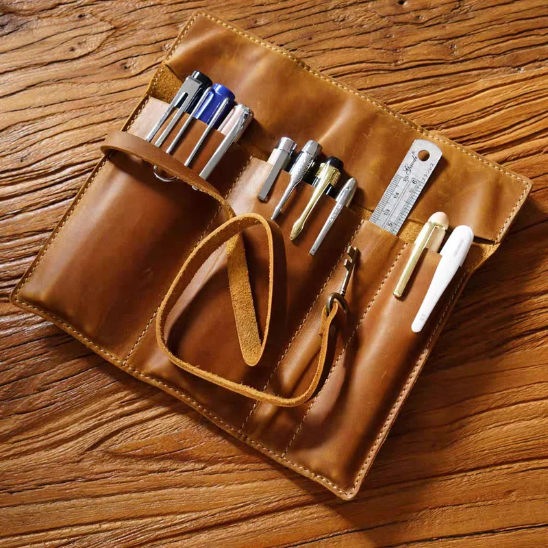 New Vintage Crazy Horse Pu Leather Pen Bag Multifunctional Office Stationery Storage Roll Bag Multi Pen Roll Pouch Brush Storage