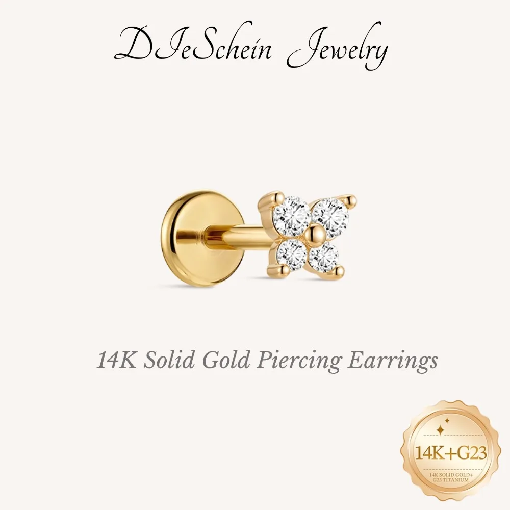 DIeSchein 14K Solid Gold Flat Back Stud Earring for Women CZ Internal Thread Labret Stud Earring for Helix Tragus Daith Piercing