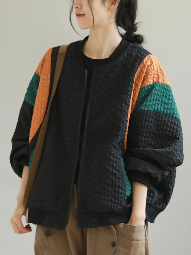 

Retro Korean Sle Loose Fit Baseball Jaet Women's Autumn Winter Outerwear Color Blo Stand Collar Long Sve Zipper