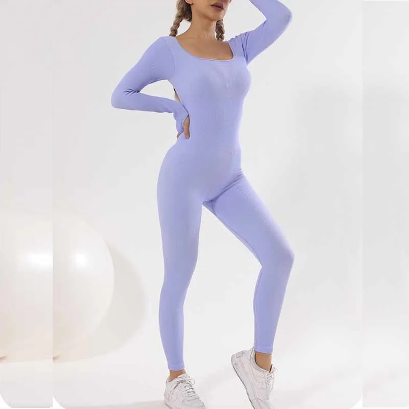 

Women Solid Color Bodycon Jumpsuit Sporty Rompers Fitness Long Sleeve Elastic One Piece Yoga Set sets womens outfits