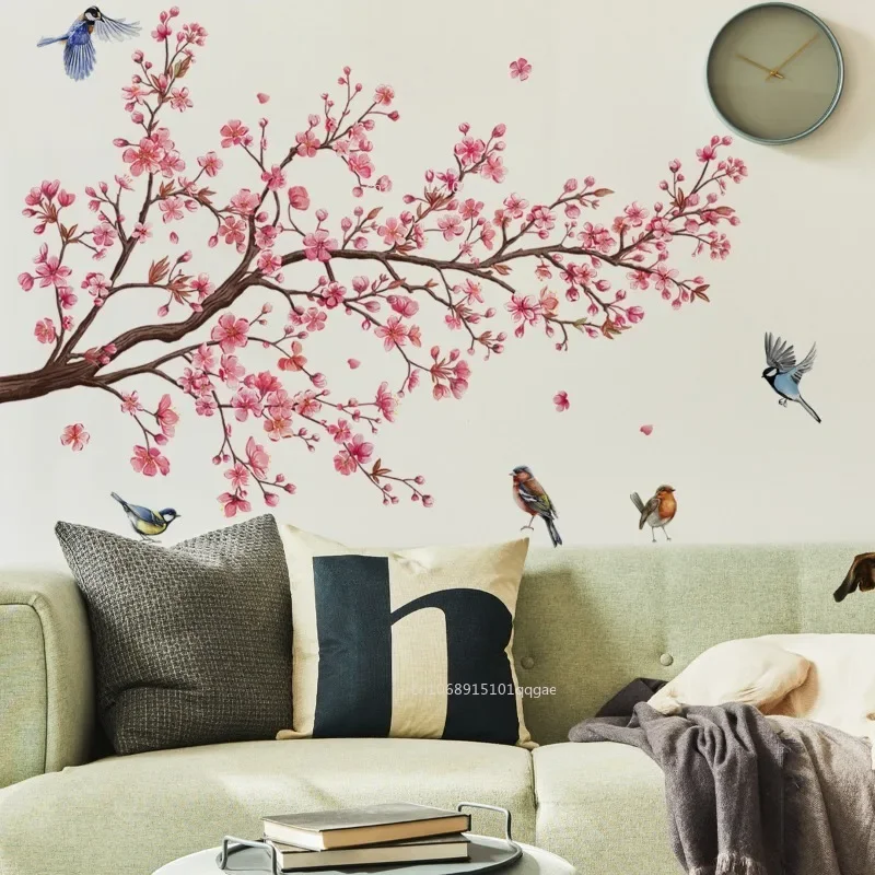 New Peach Blossom Flowers Branch Birds Floral Wall Stickers for Bedroom Living Room Furniture Background Wall Sticker Wallpaper